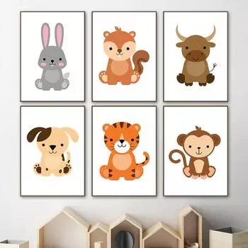 Тигр, лиса, кролик, медведь, собака, обезьяна, животное, детская настенная живопись, холст, скандинавские постеры и принты, настенные картины, декор детской комнаты без рамки 21*30cm No Frame