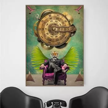 Тигр сидит на стуле, часы, постеры, настенные художественные принты на холсте, современные животные, персонификация, живопись, гостиная, офис, домашний декор 21x30cm No Framed белый