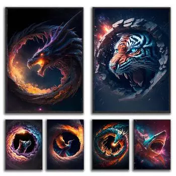 Тигр, собака, дракон, феникс, акула, космическое искусство, фэнтезийные постеры, настенные принты на холсте, картины с животными для гостиной, домашний декор, изображение 21x30cm No Framed белый