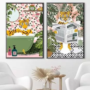 Тигр в ванной Ботанический принт Плакат Тропические джунгли Настенная живопись Холст Картина Животное Чтение Газеты Сафари Туалет Декор 21x30cm No Framed