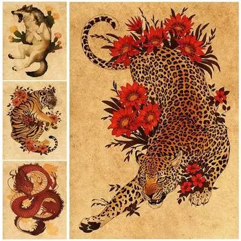 Тигр, волк, леопард и дракон Ретро настенная живопись холст картины животные и цветы плакат и принты для украшения гостиной без рамки 21*30cm