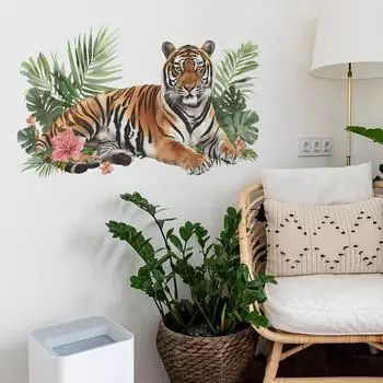 Тигр Зеленый Растение Спальня Гостиная Кабинет Фон Ландшафтный Дизайн Наклейки На Стены Самоклеящиеся 30*90CM*2PCS/fun-c51