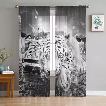 Тигровый автомобиль, уличная черно-белая тюлевая оконная штора для гостиной, прозрачная вуаль из органзы, занавеска для спальни, кухни, домашний декор, драпировка W135 x H115cm x1