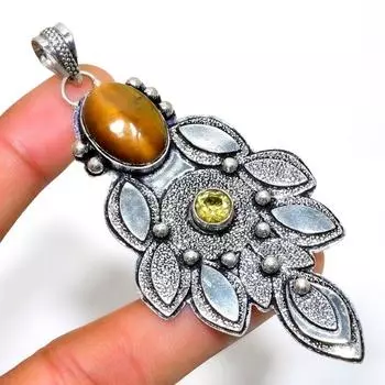 Тигровый глаз цитрин, 925 проба, посеребренная подвеска ручной работы, 3,21 дюйма 3.21 жёлтый