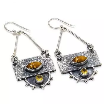 Тигровый глаз, цитрин драгоценный камень серьги ручной работы из серебра 925 пробы 2.17 JCE481-63