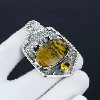 Тигровый глаз, цитрина драгоценный камень кулон, натуральный тигровый глаз драгоценный камень ручной работы из стерлингового серебра 925 пробы тигровый глаз кулон для женщин кулон для подарков 5.5 Cm. жёлтый/коричневый