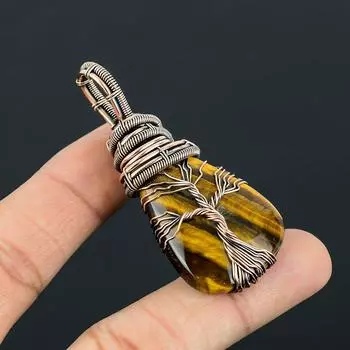 Тигровый глаз драгоценный камень ручной работы из чистой медной проволоки обернутый кулон ювелирные изделия для женщин 2.56 Inches жёлтый