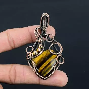 Тигровый глаз драгоценный камень ручной работы из чистой медной проволоки обернутый кулон ювелирные изделия для женщин 2.56 Inches жёлтый