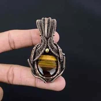 Тигровый глаз драгоценный камень ручной работы из чистой медной проволоки обернутый кулон ювелирные изделия для женщин 2.76 Inches жёлтый