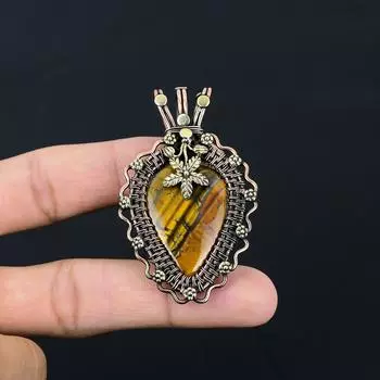 Тигровый глаз драгоценный камень ручной работы из чистой медной проволоки обернутый кулон ювелирные изделия для женщин 2.56 Inches жёлтый