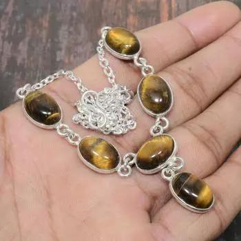 Тигровый глаз драгоценный камень ручной работы твердое ожерелье из стерлингового серебра 925 пробы для женщин 18 Inches жёлтый