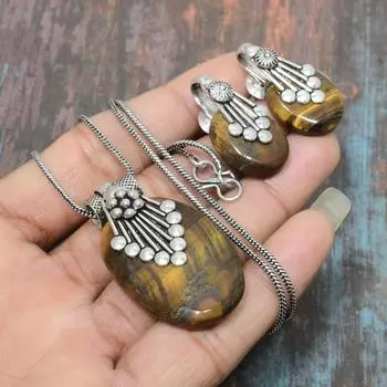 Тигровый глаз драгоценный камень стерлингового серебра 925 пробы ожерелье ручной работы + комплект ювелирных изделий серьги для нее 18 Inches синий
