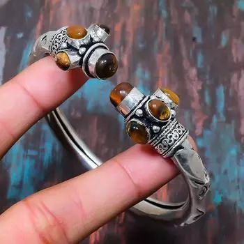 Тигровый глаз Gemstone стерлингового серебра 925 ручной работы Удивительный браслет-манжета Регулируемый Adjustable жёлтый