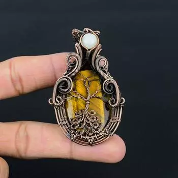 Тигровый глаз и лунный камень, драгоценный камень, чистая медная проволока, красивая ювелирная подвеска ручной работы 2.56 Inches жёлтый