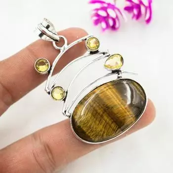 Тигровый глаз, кулон с цитрином, ювелирные изделия из цельного серебра 925 пробы с драгоценными камнями, кулон ручной работы, на День благодарения 2.48 Inches жёлтый