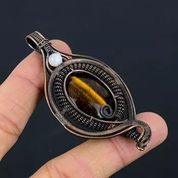 Тигровый глаз, лунный камень, драгоценный камень из чистой медной проволоки, обернутый дизайнерской подвеской ручной работы, ювелирные изделия для женщин 2.95 Inches жёлтый