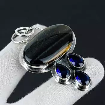 Тигровый глаз, серебряный кулон с лондонским голубым топазом и драгоценным камнем, ювелирный кулон из стерлингового серебра 925 пробы, натуральный кулон с тигровым глазом для женщин / подарков 2.55 синий