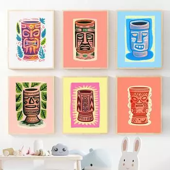 Тики Бар Гавайская кружка лицо настенные принты тропическая розовая кружка плакат красочный узор бар клуб украшение стены фотографии для детской комнаты 21x30cm No Framed