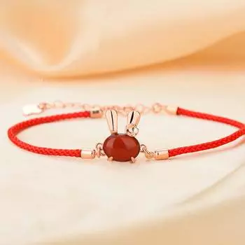 Tiktok Лидер продаж в китайском стиле с красным агатом, ручная веревка, кролик, браслет из стерлингового серебра S925 Adjustable size