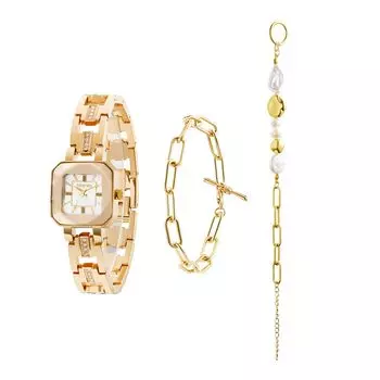 [TIME100] Women s Quartz Watch Polyhedral Glass Diamond Bracelet 30M Water Resistant Gift Set (Gold)
