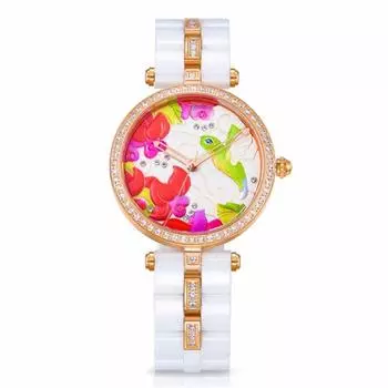 Time100 Women s Watch Luxury Ceramic Embossed Background with Diamonds #W50352L.02A (Spring Color)