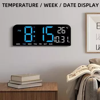 TIMESS Светодиодный будильник с большим экраном, может отображать неделю, температуру и влажность, может быть настроен на время, подходит для размещения на рабочем столе в спальне синий