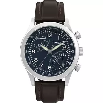 [TIMEX] Часы Waterbury Traditional Fly-back с черным циферблатом из нержавеющей стали и минеральным стеклом, кварцевые часы марки TW2W47900, мужские, коричневые