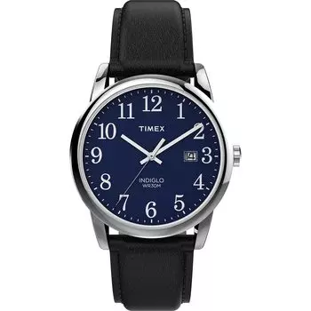 Timex EasyReader 38mm Leather Strap Watch, Black/Silver Tone/Blue. , Classic.