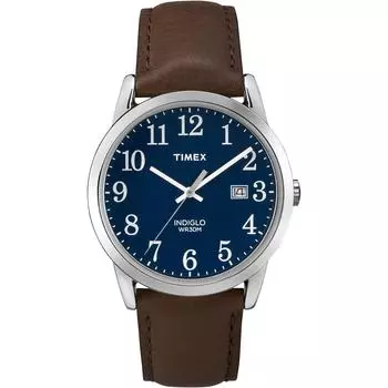 Timex Men s Easy Reader Leather Strap 38mm Watch Mens Standard Brown/Silver Tone/Blue.
