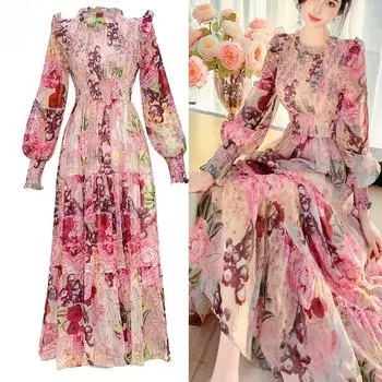 Tingfly Женская мода Цветочный принт Складки Эластичный шифон Миди Длинные платья Женское бохо струящееся повседневное уличное платье Elbise Robes One Size синий