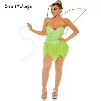 Tinker Women Bell Princess Dress Halloween Cosplay Costume Fairy Elf Wing Outfit Light Green,S