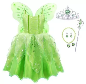 Tinkerbell Dress for Princess Dress Cosplay Wings Tiara Flower Kids Girls Gift [CQDY] Kids, (Fairy + + + Stick, etc.) 7-Piece Set, Fairy, Spirit, зелёный