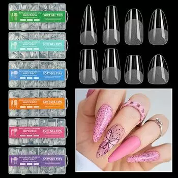 Типсы для ногтей Medium Coffin, полуматовые, с полным покрытием, гелевые, без пилочки, с коробкой для салонного или домашнего использования 8