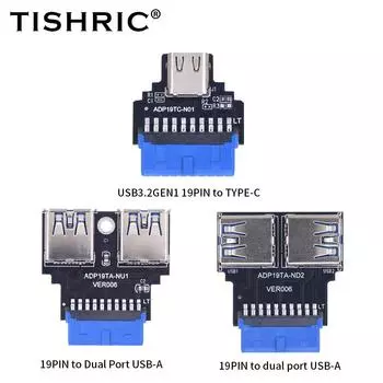 TISHRIC 19-контактный разъем Type-C с двойным портом USB 3.0 A, гнездовой выход, 19-контактный разъем для преобразователя адаптера материнской платы USB3.1/3.2 Type-C