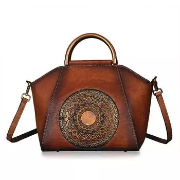 Тисненая натуральная кожа Сумка-мессенджер с верхней ручкой Ретро Сумочка Тотемный узор Высокое качество Натуральная кожа Женские сумки на плечо коричневый