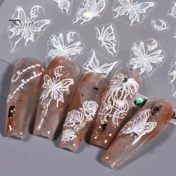 Тисненые наклейки для дизайна ногтей, креативная гравировка, белая бабочка, маникюрные наклейки, изысканный дизайн ногтей «сделай сам», клейкие декоративные наклейки для ногтей D