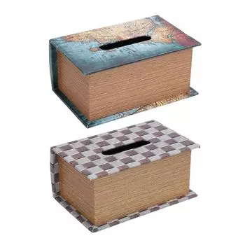 Tissue Box Holder Book Style Wooden Structure PU Leather Large Capacity Napkin Box Holder for Home B Chessboard Brown