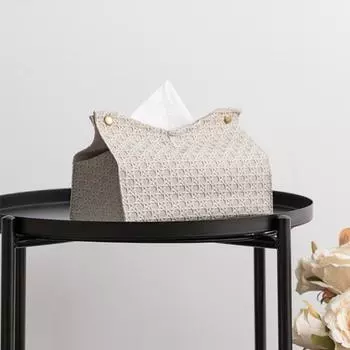 Tissue Case Rattan Weave Pattern Wide Opening Elegant Moistureproof Faux Leather Woven Light Luxury Tissue Box Household Supplies бежевый