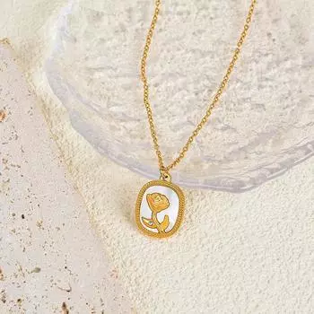 Титан, титановая сталь, белая ракушка, квадратный кулон в виде розы, цепочка на ключицу из нержавеющей стали, не падает, цветное ожерелье