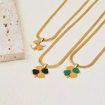 Титан, титановая сталь, бело-зеленый, черный акалис, четырехлистное кулонное ожерелье, цепочка на ключицу из нержавеющей стали, не роняет цветные украшения