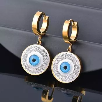 Титан, титановая сталь, голубые глаза, инкрустированные бриллиантами, круглые серьги из нержавеющей стали, бесцветные украшения, ювелирные изделия