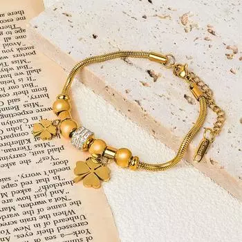 Титан, титановая сталь, перевалка, жемчуг, горный хрусталь, четыре листа, кулон в форме травы, ювелирные изделия