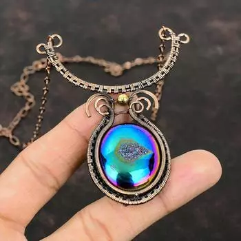 Titanium Druzy Necklace Copper Wire Wrapped Necklace Gemstone Copper Jewelry Adjustable Handmade Necklace Wire Wrap Jewelry Engagement Gift