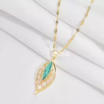 Titanium Steel Golden Branches And Jade Leaves Necklace Women S High-End Sense Simple And Versatile Temperament Shining Zircon Pendant