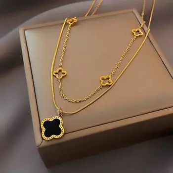 [Titanium Steel No Fading] Double-Layer Clover Necklace Female Easiest for Match Clavicle Chain Light Luxury Minority Fancy Ornament Double Four-leaf Clover Necklace [Golden]]