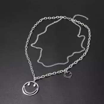 Titanium Steel Smiley Face Necklace Female Hip Hop Double Pendant Collarbone Chain Sweater Chain Neck Chain Item