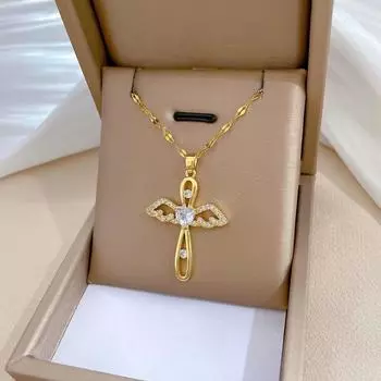 [Титановая сталь] Роскошное ожерелье Angel Cross темно-розового цвета с цепочкой на ключицу