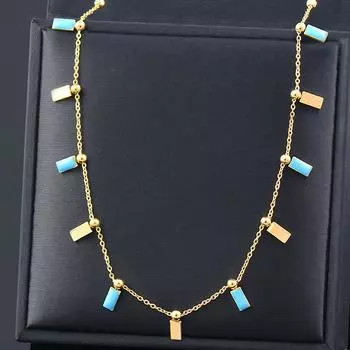 Титановая титановая стальная цепочка на ключицу с синим титром и квадратным кулоном
