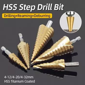 Титановое ступенчатое сверло HSS 4-12 4-20 4-32 мм, спиральная прямая канавка, шестигранный хвостовик, металлический резак для отверстий, конус, сердечник, инструмент для сверления отверстий