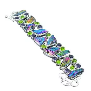 Титановые друзы с павлиньей аурой, браслет из драгоценных камней из серебра 925 пробы ручной работы, штампованные друзы из драгоценных камней 925 пробы 7 синий